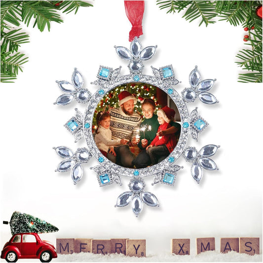 Personalized Christmas Photo Ornaments -Snowflake Ornament - Christmas Tree Decorations with Blue Clear Rhinestones