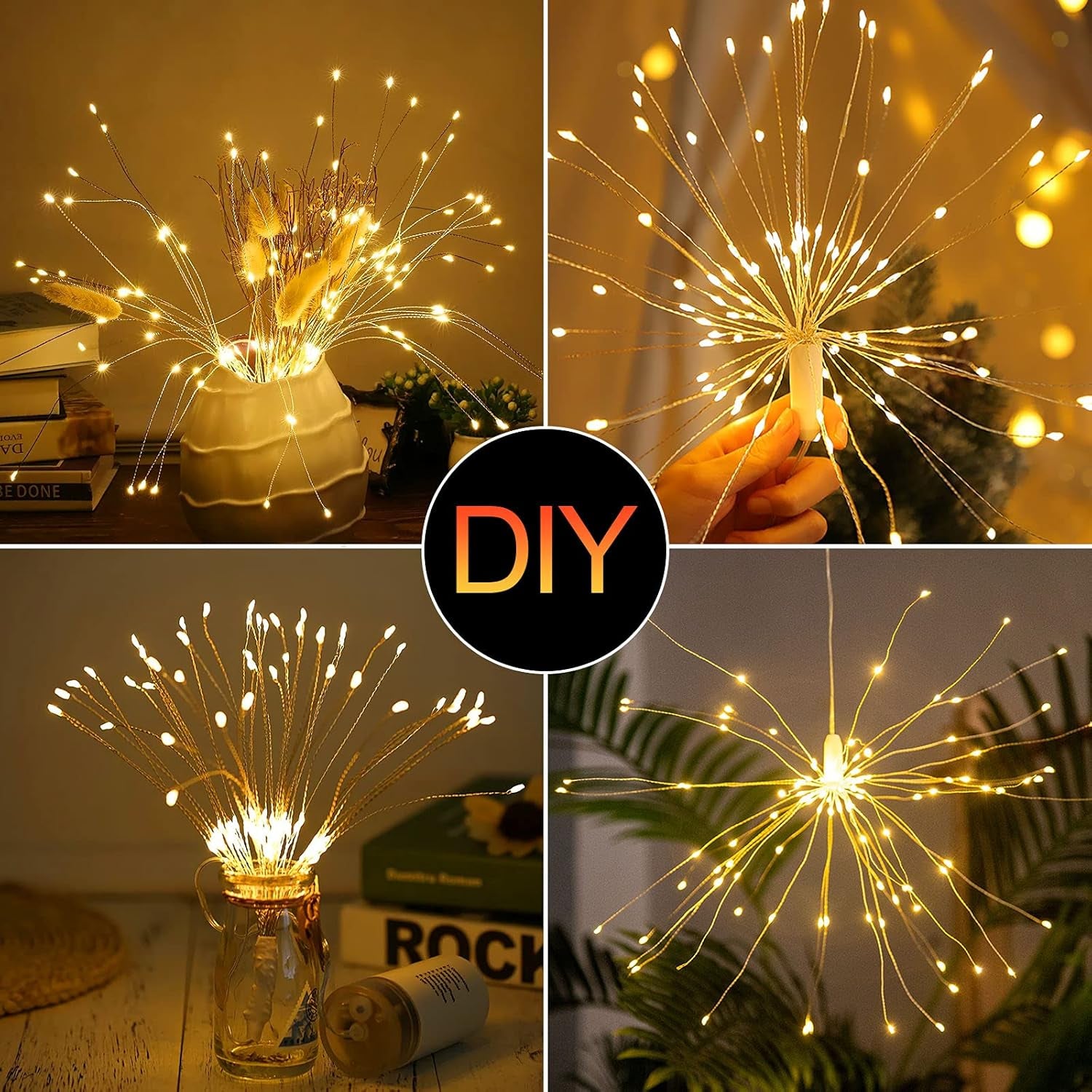 2 Pack Bursting Star String Lights Christmas Lights, 225 LED 8 Modes Dimmable with Remote Control, Waterproof Copper Wire Decorative Hanging Lights for Party Patio Garden Decoration (Warm White)