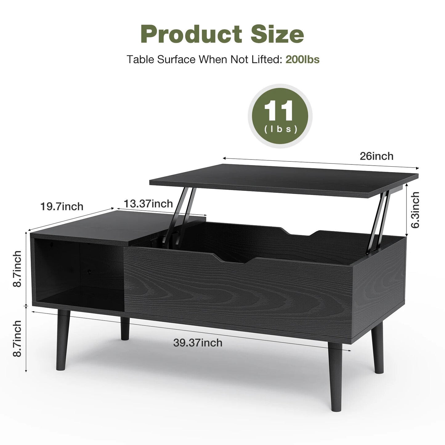 Lift–Top Coffee Table, Waterproof and Scratch Resistant finish