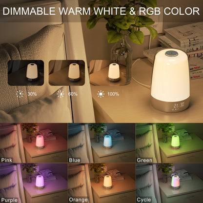 Sunrise Alarm Clock, 3 Ways Dimmable Modern Small Digital RGB Bedside Lamp for Heavy Sleeper